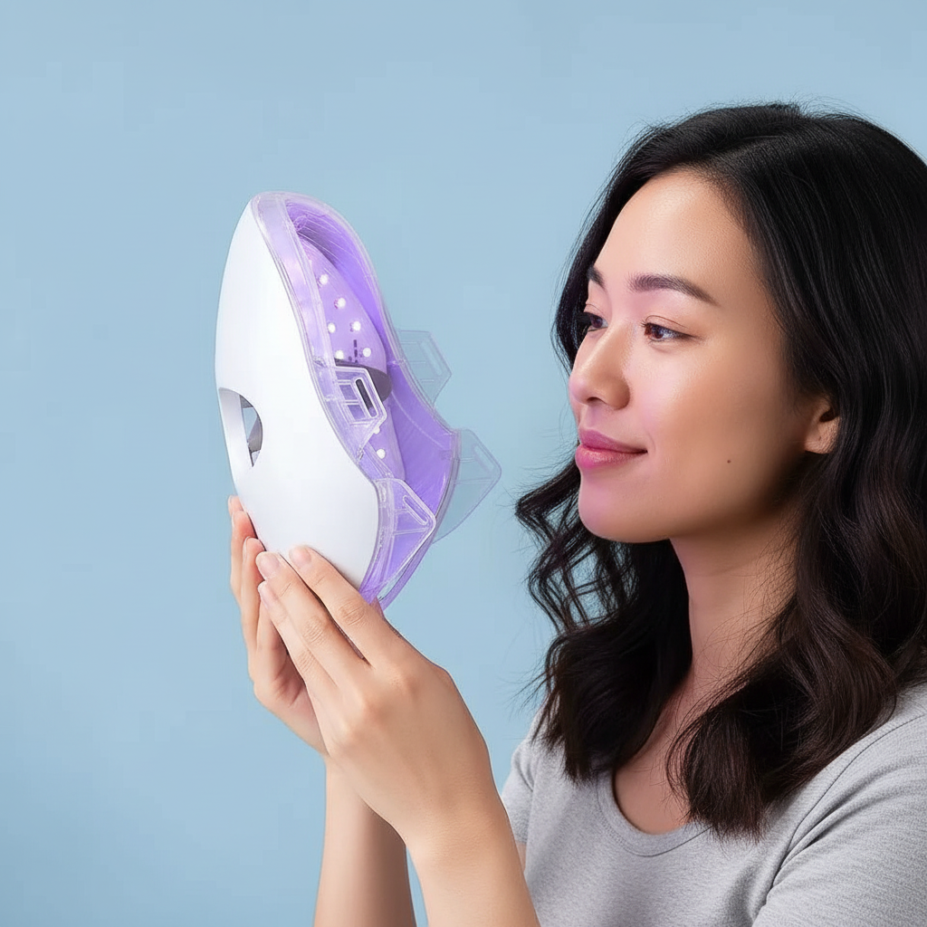 Woman holding a LED Face Mask against a light blue background