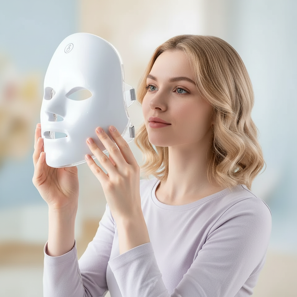 Woman holding a white LED face mask against a blurred indoor background